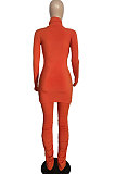 Wine Red Women High Collar High Elastic Ribber Trendy Shirred Detail Pants Sets XT8126-3