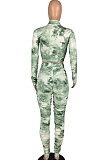 Army Green Women's  Tie Dye Printed Long Sleeve Lapel  Neck Zipper Crop Tops Pencil Pats Set E8621-3