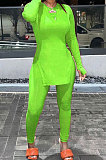 Dark Green Simple Pure Color Long Sleeve Round Neck Slit Tops Pencil Pants Suit N9270-9