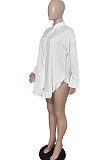 White Women Fashion Flounce Cardigan Shirts Pure Color Mini Dress XT8120