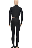 Black Women Solid Color Zipper Long Sleeve Bodycon Pants Sets SMY81123-2