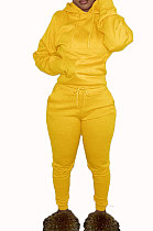 Yellow Euramerican Fashion Women Solid Color Hoodie Fleece Long Sleeve Sport Pants Sets YSH86279-2