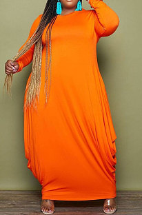 Orange Simple Fat Women's Long Sleeve Loose Plain Color Long Dress SY8828-1