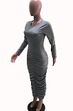 Black Women Long Sleeve Solid Color Fashion Round Collar Shirred Detail Long Dress YSH86273-2