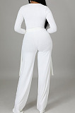 White Ribber Long Sleeve V Neck Irregular Tops Trousers Solid Color Set SY8829-1