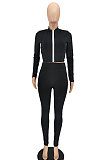 Black Women Solid Color Zipper Long Sleeve Bodycon Pants Sets SMY81123-2