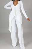 Grey Ribber Long Sleeve V Neck Irregular Tops Trousers Solid Color Set SY8829-4
