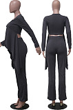 Black Ribber Long Sleeve V Neck Irregular Tops Trousers Solid Color Set SY8829-3