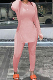 Pink Simple Pure Color Long Sleeve Round Neck Slit Tops Pencil Pants Suit N9270-7