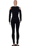 Black Women Casual Velvet Off Shoulder Pure Color Ruffle Bodycon Jumpsuits ED8539-2