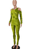 Dark Green Women Casual Velvet Off Shoulder Pure Color Ruffle Bodycon Jumpsuits ED8539-3