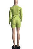 Green Simple Preppy Waffle-Knit Long Slereve Zipper Tops Shorts In Home Suit FH177-4