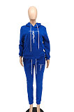 Blue Women Hoodie Drawsting Embroidered Casual Pants Sets SMY81124-2