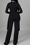Grey Ribber Long Sleeve V Neck Irregular Tops Trousers Solid Color Set SY8829-4