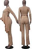 Orange Ribber Long Sleeve V Neck Irregular Tops Trousers Solid Color Set SY8829-5