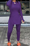 Light Purple Simple Pure Color Long Sleeve Round Neck Slit Tops Pencil Pants Suit N9270-4