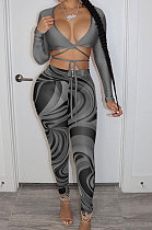 Gray Women Trendy Sexy Mesh Spaghetti Printing Bandage Crop Pants Sets ED8538-2