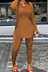 Brown Simple Pure Color Long Sleeve Round Neck Slit Tops Pencil Pants Suit N9270-1