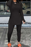 Black Simple Pure Color Long Sleeve Round Neck Slit Tops Pencil Pants Suit N9270-2