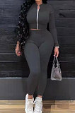 Gray Women Solid Color Zipper Long Sleeve Bodycon Pants Sets SMY81123-1