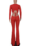 Red Women Pure Color Long Sleeve Dew Waist Sexy Ribber Tiny Flared Pants Sets ED8537-2