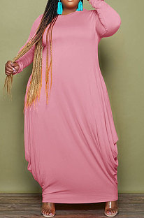 Pink Simple Fat Women's Long Sleeve Loose Plain Color Long Dress SY8828-3