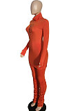 Orange Women High Collar High Elastic Ribber Trendy Shirred Detail Pants Sets XT8126-1
