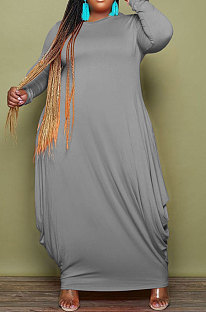 Grey Simple Fat Women's Long Sleeve Loose Plain Color Long Dress SY8828-4
