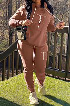 Brown Women Hoodie Drawsting Embroidered Casual Pants Sets SMY81124-3