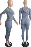 Khaki Cotton Blend Long Sleeve Zipper Hoodie Skinny Pants Solid Color Suit FH180-2