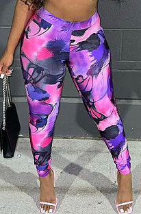 Purple Casual Design Printed Elastic Yoga Hip Pants FH181-6
