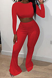 Black Women Pure Color Long Sleeve Dew Waist Sexy Ribber Tiny Flared Pants Sets ED8537-3