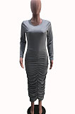 Gray Women Long Sleeve Solid Color Fashion Round Collar Shirred Detail Long Dress YSH86273-1