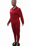 Red Euramerican Fashion Women Solid Color Hoodie Fleece Long Sleeve Sport Pants Sets YSH86279-1