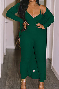 Green Wholesale Women's Ribber Jumpsuits+Cardigan Coat Plain Color Suits SY8832-1