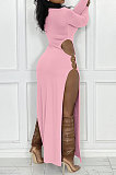 Light Purple Women's Milk Fiber Long Sleeve Round Neck Slim Fitting High Slit Dress DR88129-1