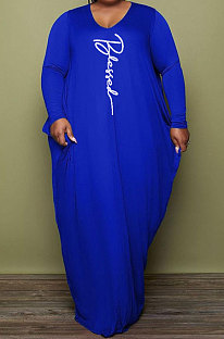 Dark Blue Fat Women's Letter Printed Long Sleeve Round Neck Loose Irrugelar Hem Long Dress MK066-1