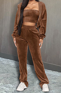 Brown Preppy Women's Velvet Strapless+Cardigan Coat Trousers Plain Color Three Piece DR88137-4