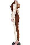 Khaki Women Keep Warm Zipper Spliced Contrast Color Hoodie Sport Pants Sets GL6521-1