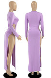 Pink Women's Milk Fiber Long Sleeve Round Neck Slim Fitting High Slit Dress DR88129-4