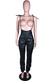 Black Modest Women's Leather High Waist Suspenders Pants N9307-1