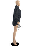 Black Design Newest Long Skeeve High Neck Loose Drawstring Dress DR88136-5