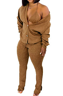 Brown Women Pure Color Velvet Coat Underwear Pocket Split Pants Three Pieces GL6519-11