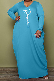 Light Blue Fat Women's Letter Printed Long Sleeve Round Neck Loose Irrugelar Hem Long Dress MK066-2