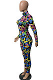 Multicolor Butterfly Printed Long Sleeve High Neck Tops Pencil Pants Slim Fitting Suit JH283 