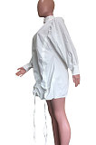 White Newest Women's Puff Sleeve Loose Drawsting Mini Dress ORY5213-1