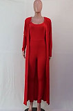 Red Wholesale Women's Ribber Jumpsuits+Cardigan Coat Plain Color Suits SY8832-2