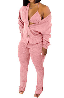 Pink Women Pure Color Velvet Coat Underwear Pocket Split Pants Three Pieces GL6519-2