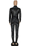 Gold Wholesale Women's Snakeskin Imitation Leather Long Sleeve Lapel Neck Single-Breasted Shirts Skinny Pants Solid Color Sets MN8385-2