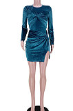 Blue Euramerican Women Club Velvet Zipper Knotted Split Skirts Sets GL6518-1
